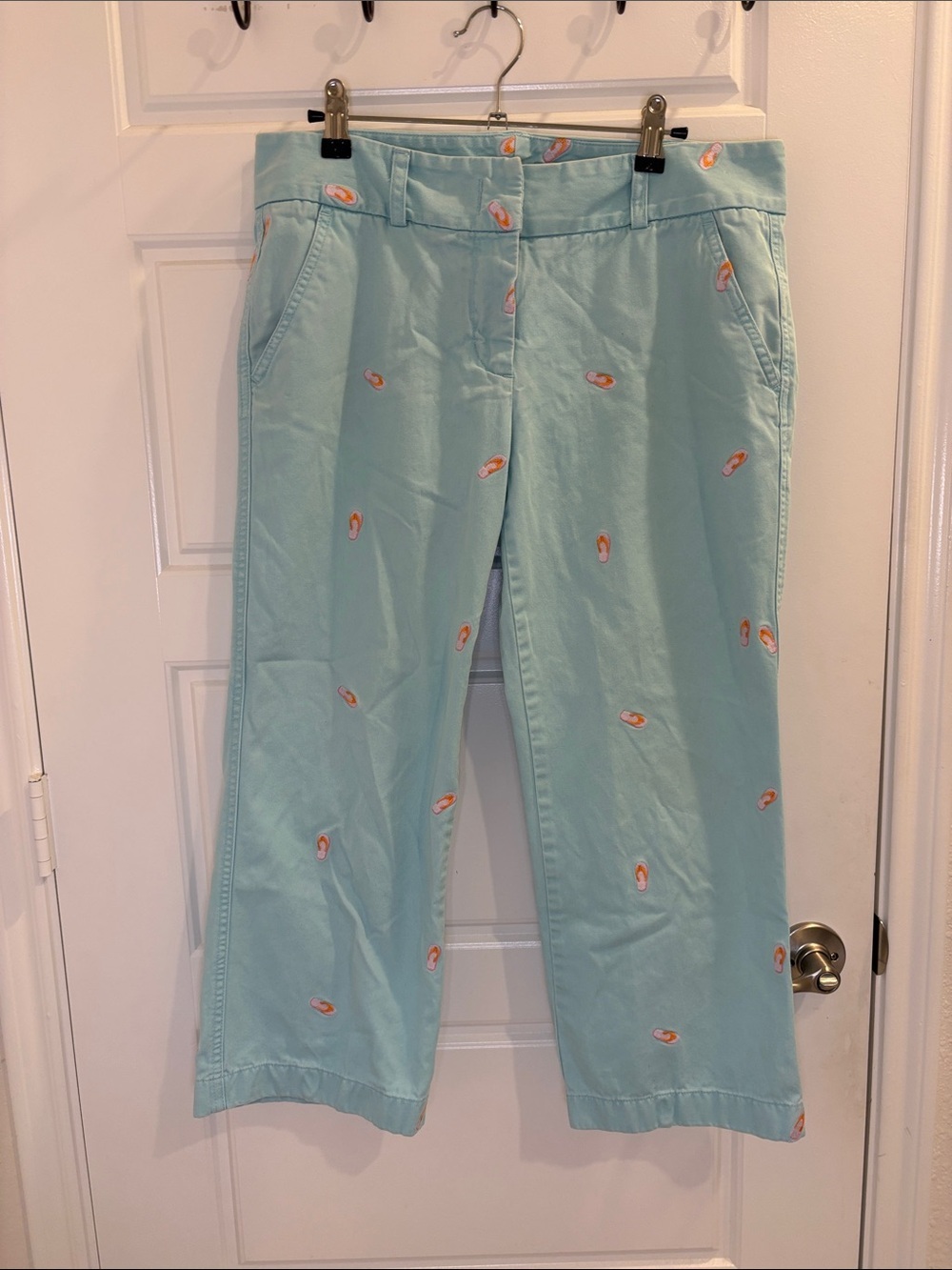 J.Crew Embroidered Flip Flop Pants Size 10 Blue Cropped Capri Preppy Coastal